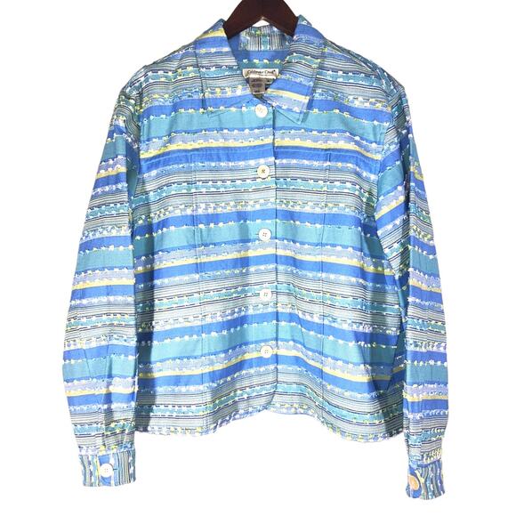 Coldwater Creek Button Front Unlined Blue & Yellow Striped Jacket XL - Picture 1 of 9